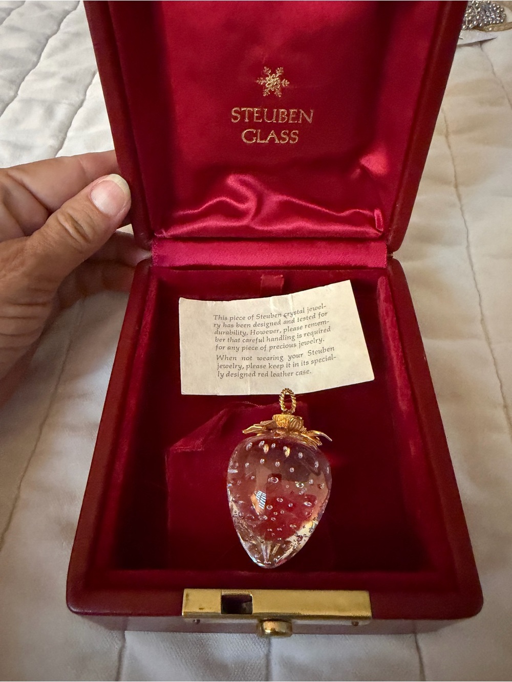 Steuben Crystal Pendant Necklace with Red Interior and Gold Leaf Bail
